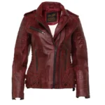 Front view of Red Diamond Leather Jacket with Double Zipper