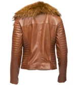 Womens Large Fur Shawl Leather Jacket With Ribbed Sleeve - Back view