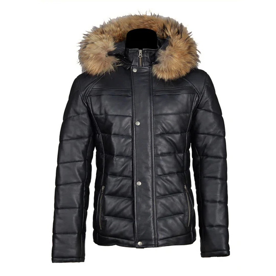 Polyfill Winter Leather Jacket Fur Hoodie - Front view