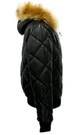 Quilted Puffer Winter Leather Jacket Fur - Side view