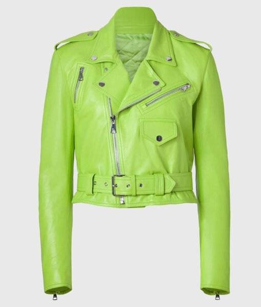 Womens Biker Lime Green Leather Jacket Front