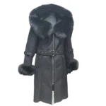 Allis Black Belted Shearling Coat With Large Fox Fur Hoodie - Front view