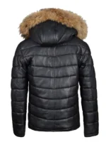 Back view of winter leather jacket with fur on hoodie