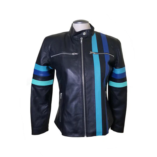 Moto Leather Jacket With Blue Stripes Front