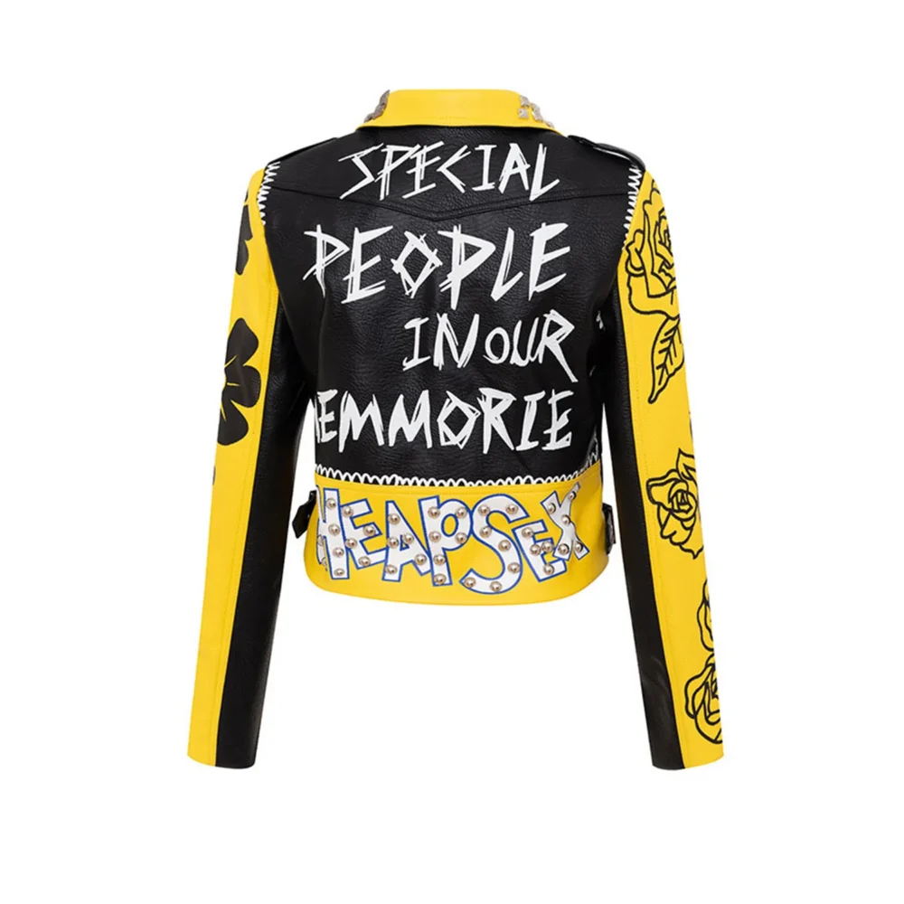 Back view of a punk-style moto jacket with patches and zipper closure.