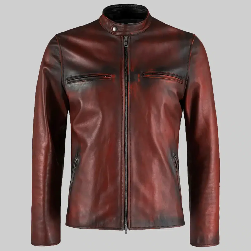 Basic Maroon Leather Moto Jacket for Men, Designed as a Cafe Racer Biker