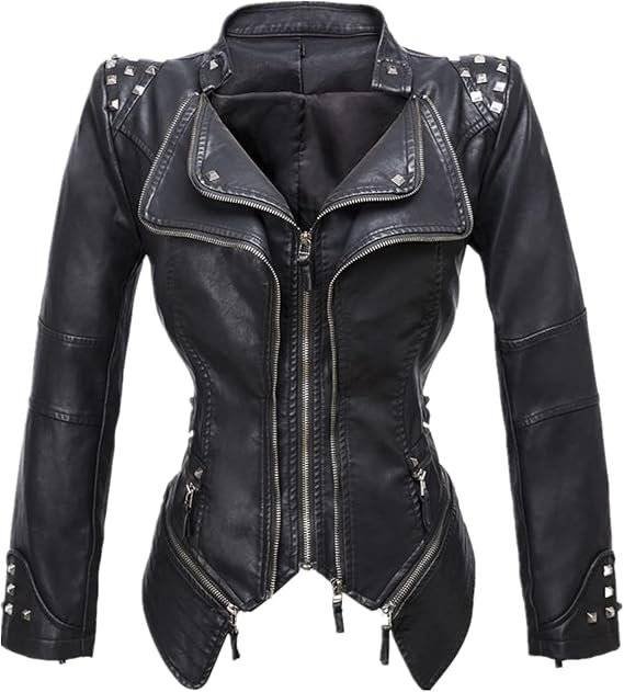 Front view of Black Ladies Studded Leather Jacket