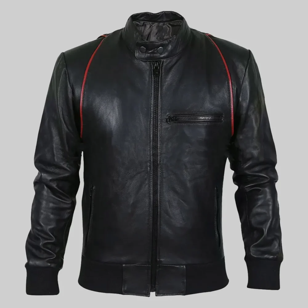 Black Leather Moto Bomber Jacket for Men by Drake, Stylish and Durable