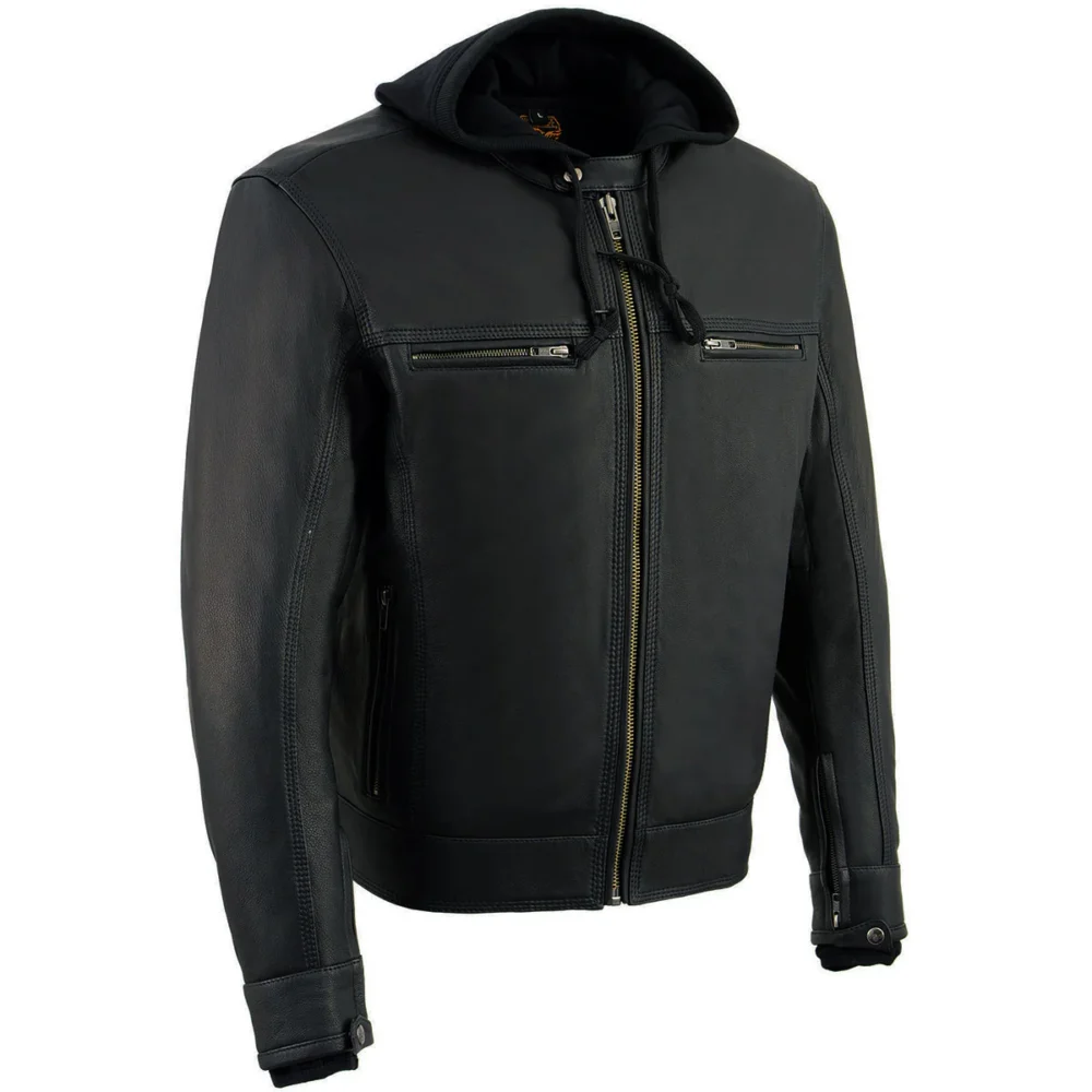 Black Leather Scooter Style Motorcycle Jacket for Men with Utility Pockets, Ventilation, and Hoodie