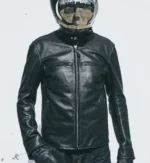 Black handcrafted men's perforated leather jacket with a snap-button collar and zippered chest pockets.