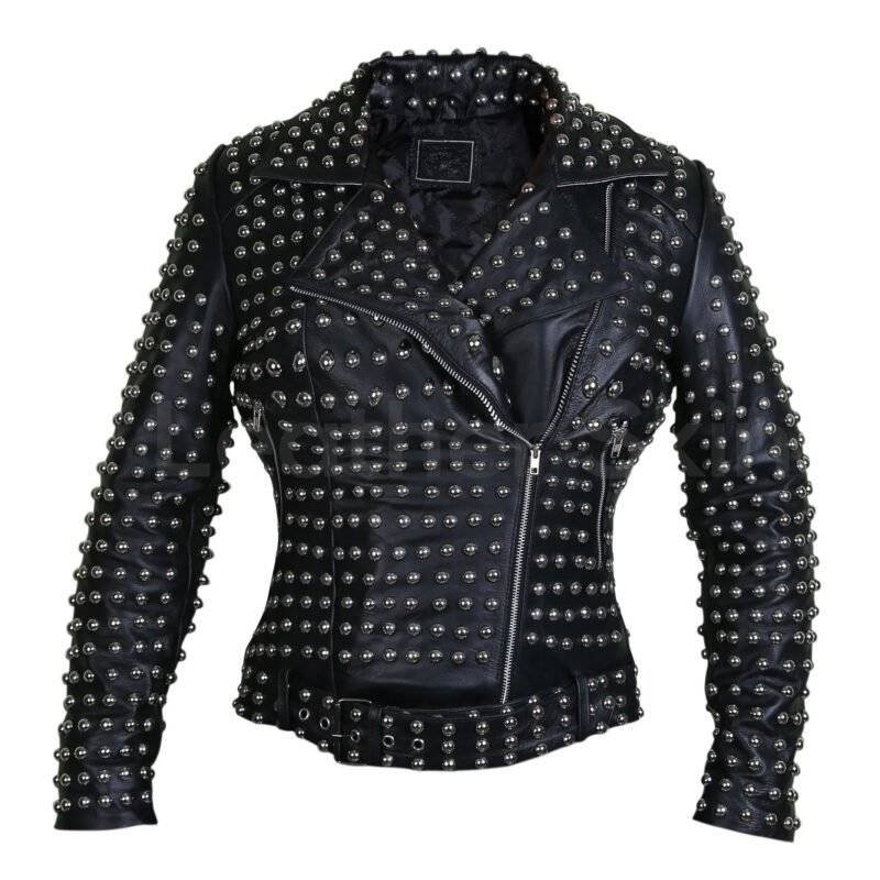 Front view of Women's Black Studded Leather Jacket