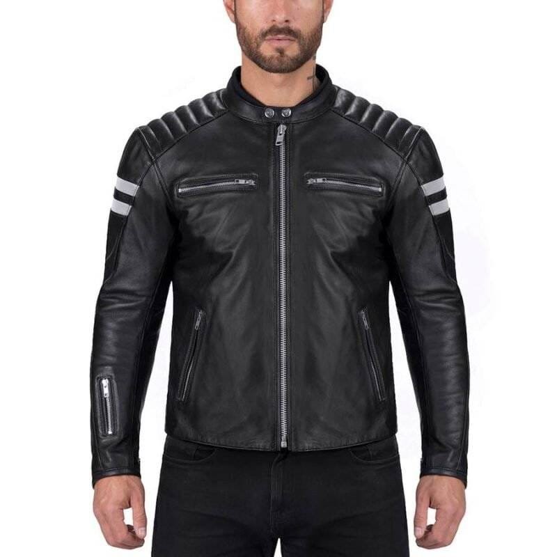 Front view of the stylish black leather Bloodaxe moto jacket.
