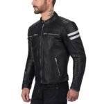 Side view of the Bloodaxe leather motorcycle jacket with zippered pockets.