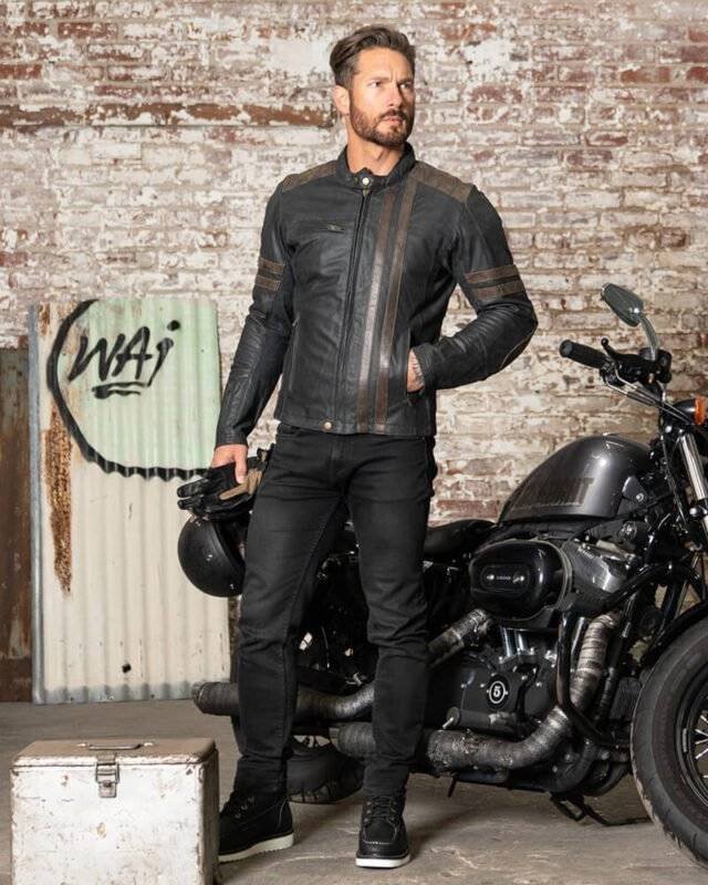Premium black leather cafe motorcycle jacket for men.