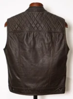 Back view of a brown diamond-stitched motorcycle vest with zipper closure and full interior leather facings.