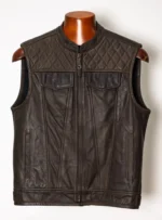 Brown diamond-stitched motorcycle vest with concealed and visible pockets.