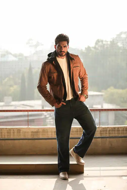 Brown Distressed Leather Jacket with Hood for Men, Perfect for Casual Wear