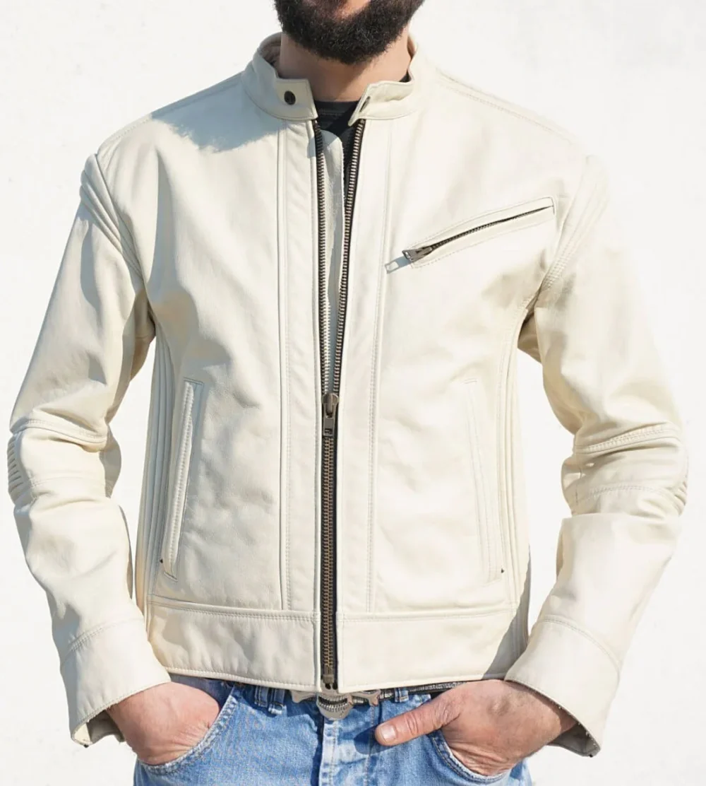 Cream leather jacket with a stand-up collar and zipper closure.