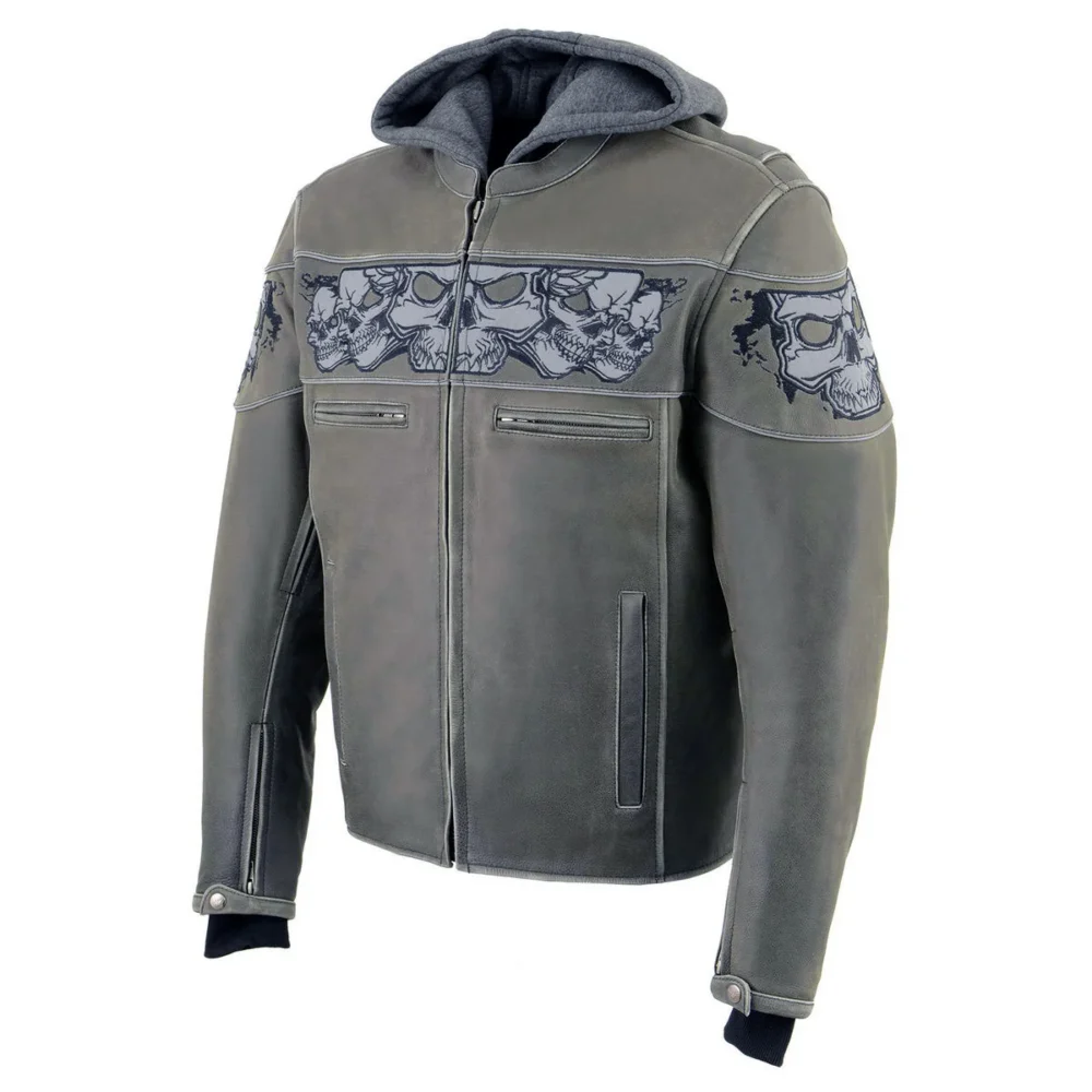 Distressed Grey Leather Jacket for Men with Eye-Catching Reflective Skull Details