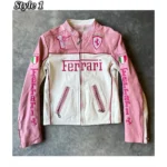 Pink & White Ferrari Leather Jacket for Women’s Style