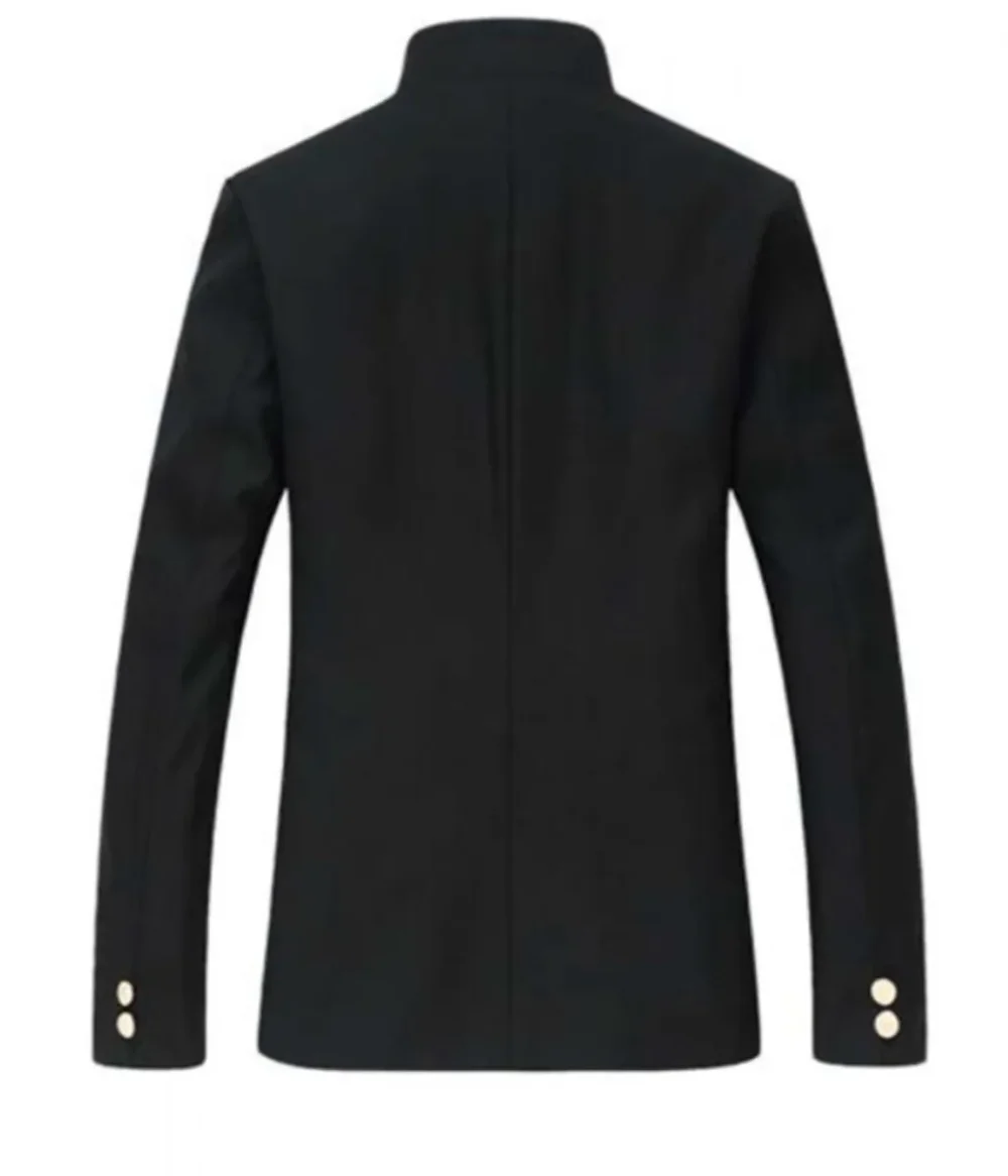 Back view of a black gakuran jacket with a full-length design and open hem cuffs.