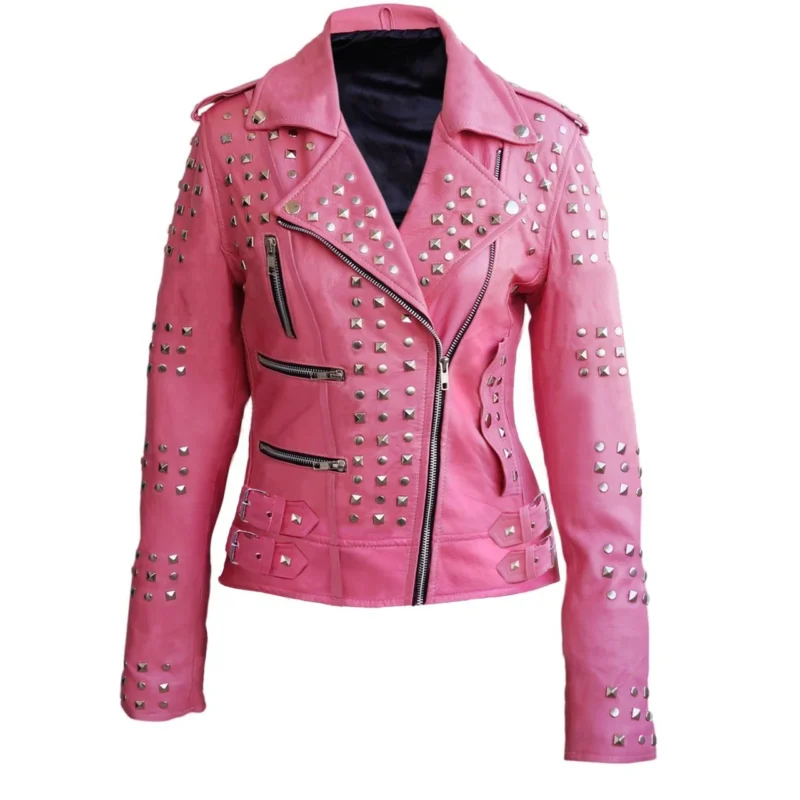 Front view of women's pink leather jacket with studs