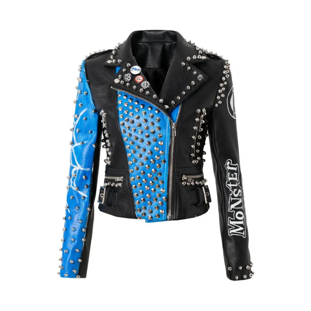 Women's black blue faux leather biker jacket with graffiti and studded rivets.