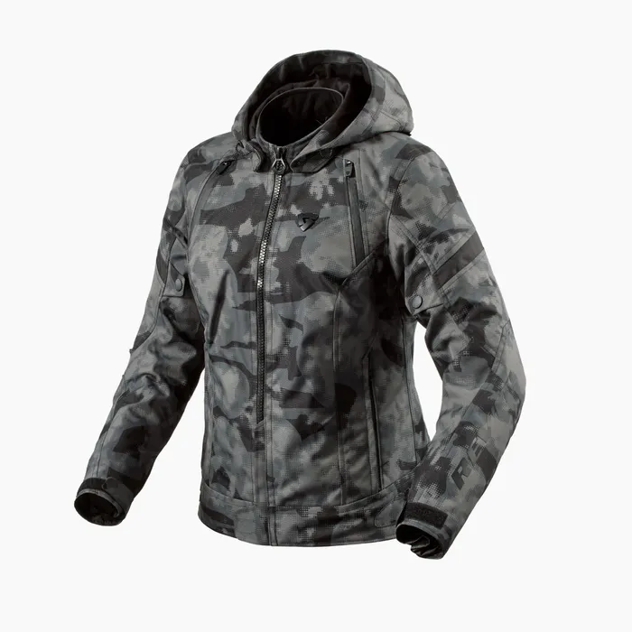 Ladies motorcycle jacket with camo print design.