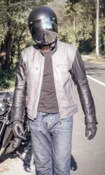 Front view of the handcrafted men's slim fit leather jacket with the zipper open, showcasing the antique brass hardware and interior.