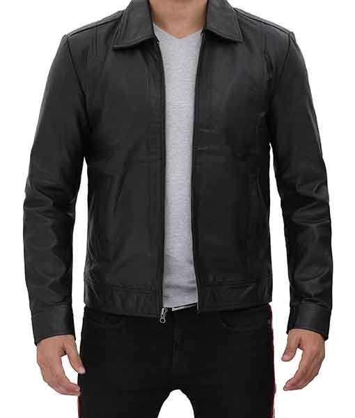 High-Quality Black Leather Jacket for Men Featuring a Vintage Shirt Collar