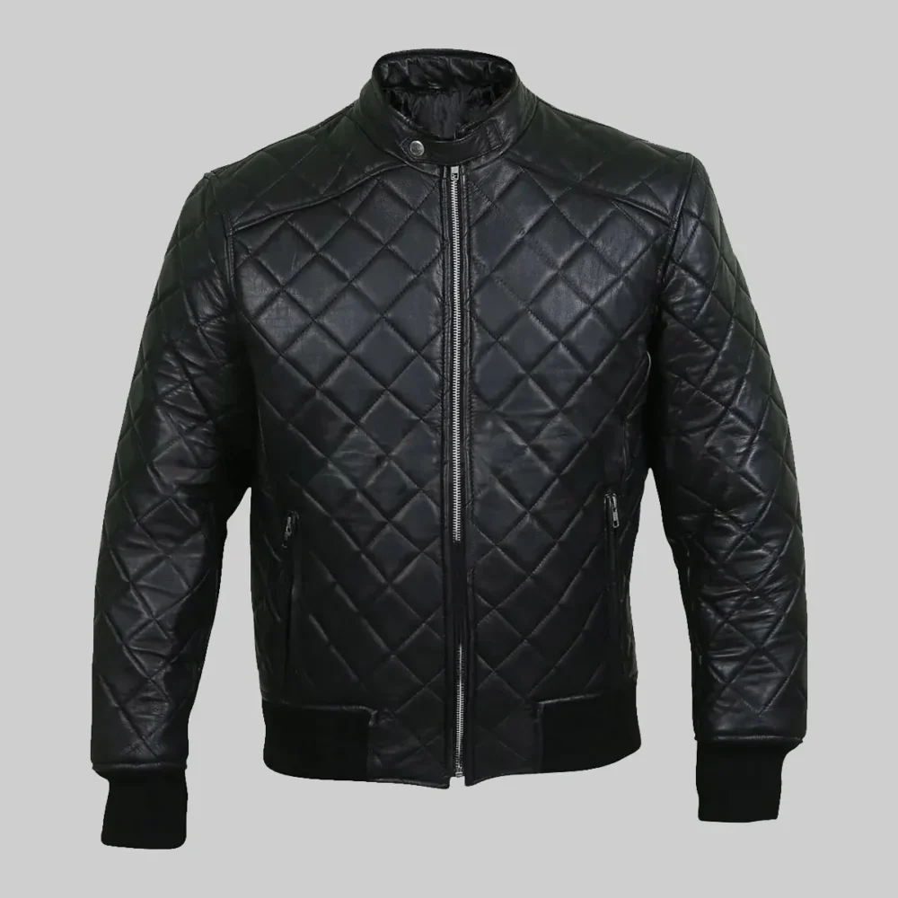 High-Quality Black Leather Quilted Bomber Jacket for Men by Harrison