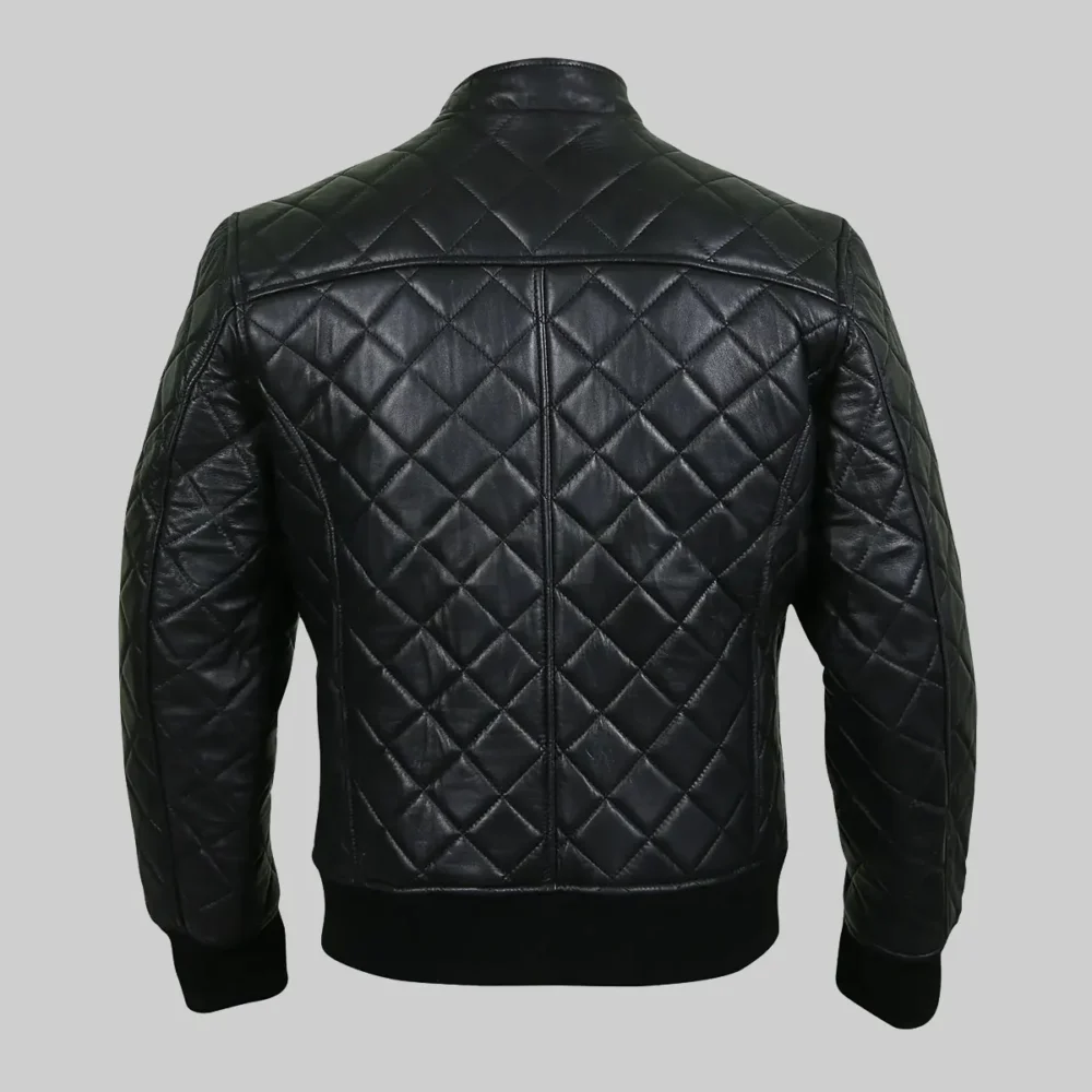 High-Quality Black Leather Quilted Bomber Jacket for Men by Harrison