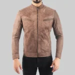 High-Quality Brown Leather Biker Jacket for Men, Distressed Style by Allen