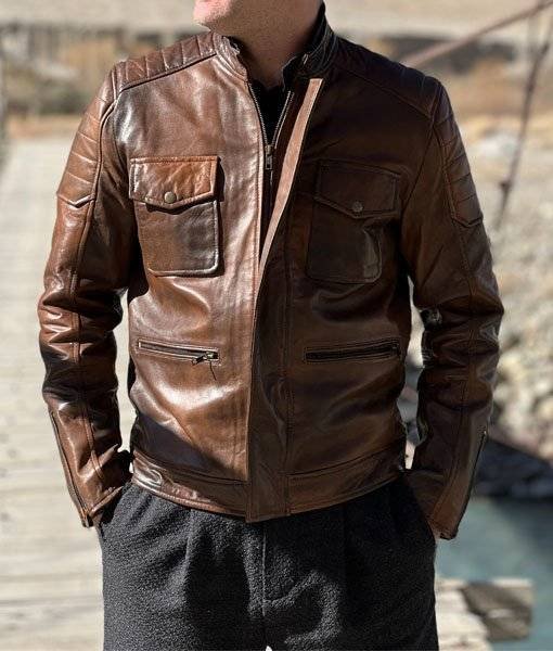 High-Quality Brown Leather Slim Fit Jacket for Men, Perfect for Motorcyclists