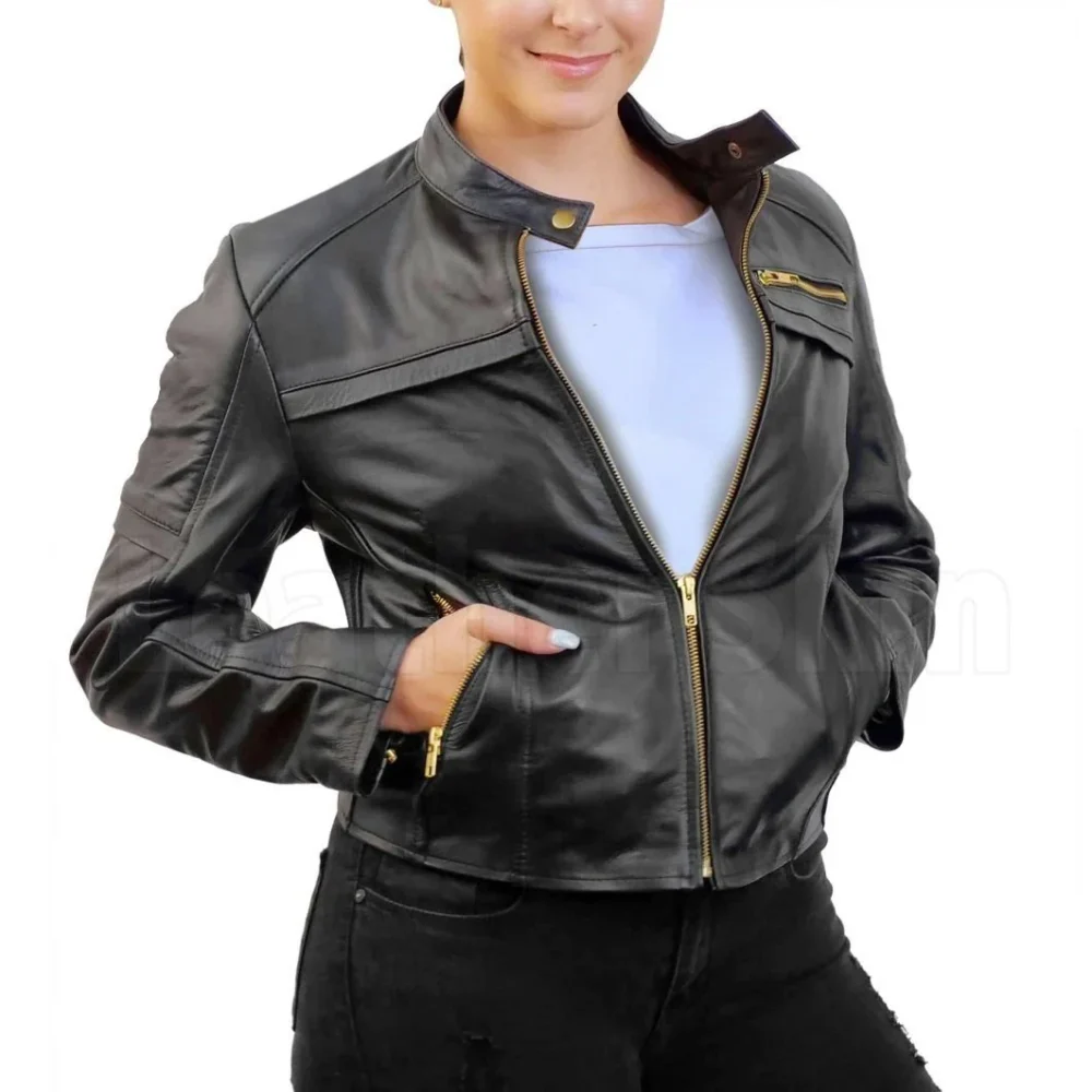 High-Quality Handmade Padded Black Leather Jacket with Elegant Gold Zippers