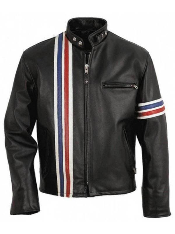 Front view of Johnny Knoxville biker style leather jacket.