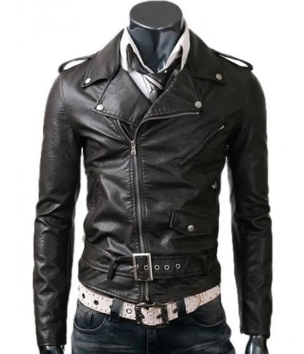 Black slim-fit leather jacket with asymmetrical zipper closure and lapel collar.