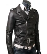 Right side view of a black slim-fit leather jacket with zipper cuffs and a belted waist.