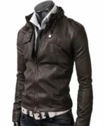 Left side view of a dark brown leather jacket with side waist pockets and open hem cuffs.