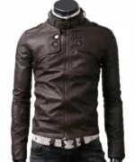 Slim fit dark brown leather jacket with a buckled stand-up collar, zipper closure, and open hem cuffs.