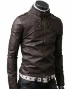 Right side view of a dark brown leather jacket with button and flap detailing near the collar.