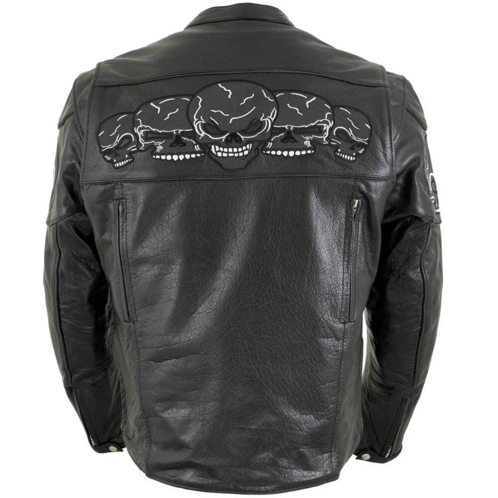 Mens Black Leather Motorcycle Jacket with X Armor and Bold 3 Skull Head Graphic Design