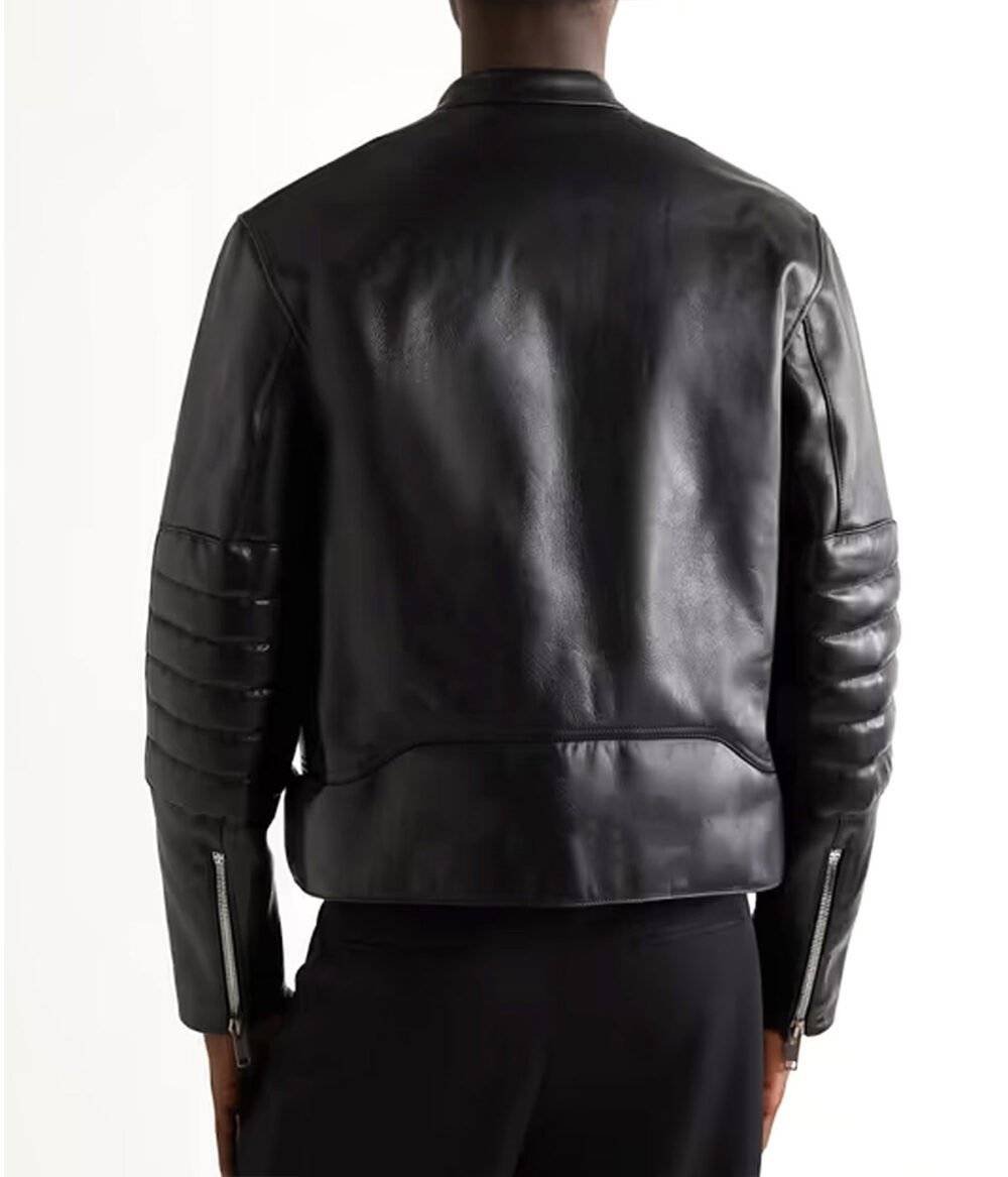 Back view of a slim fit black leather jacket with open hem cuffs and two side waist pockets.