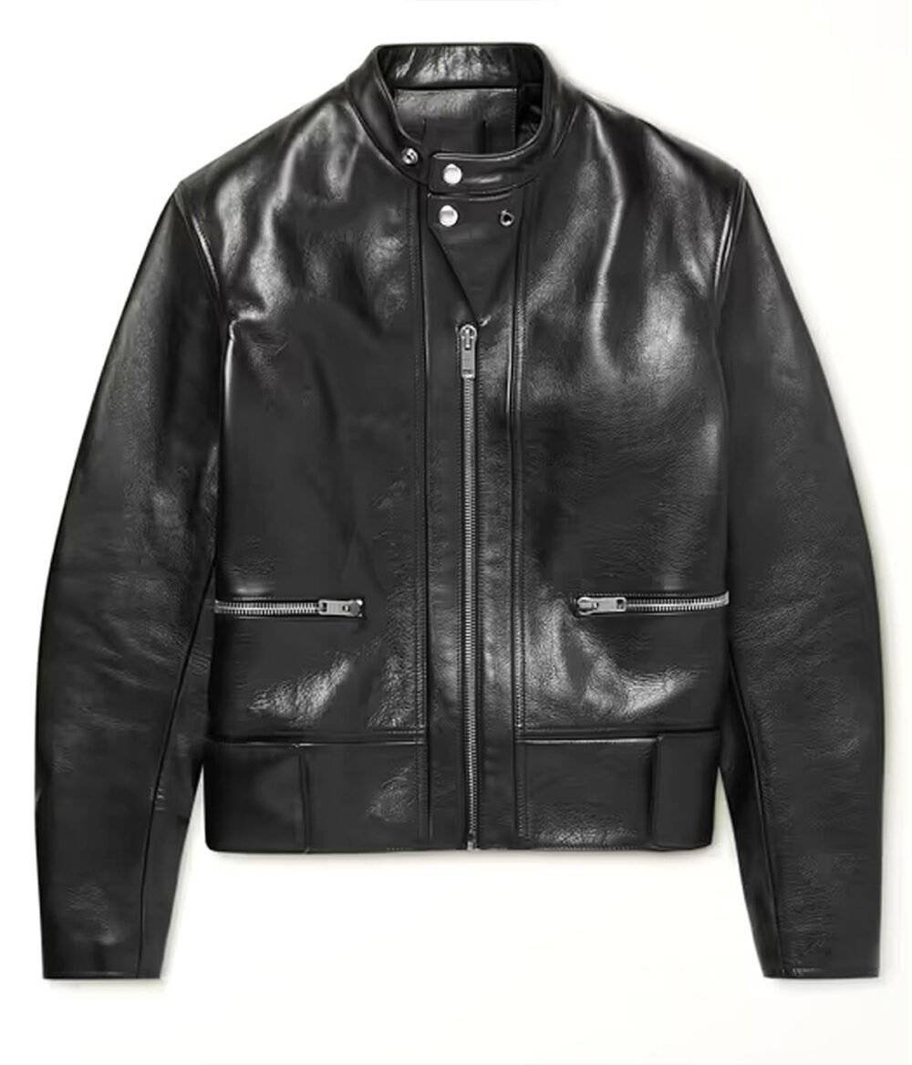 Black leather jacket hanging on a hanger, featuring a snap tab collar, YKK zipper closure, and full-length sleeves.