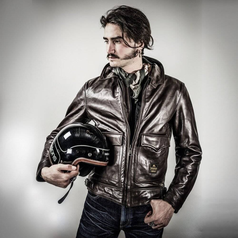 Model wearing Stylish Brown Motorcycle Jacket (Front)