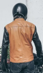 Back view of a men's cafe racer leather jacket with a streamlined silhouette and removable back armor.