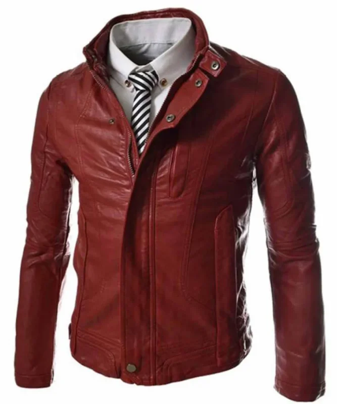 Red faux leather jacket with snap-tab collar, zipper front, and belted waist.