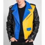 Men's color block leather jaacket front view with asymmetrical zipper