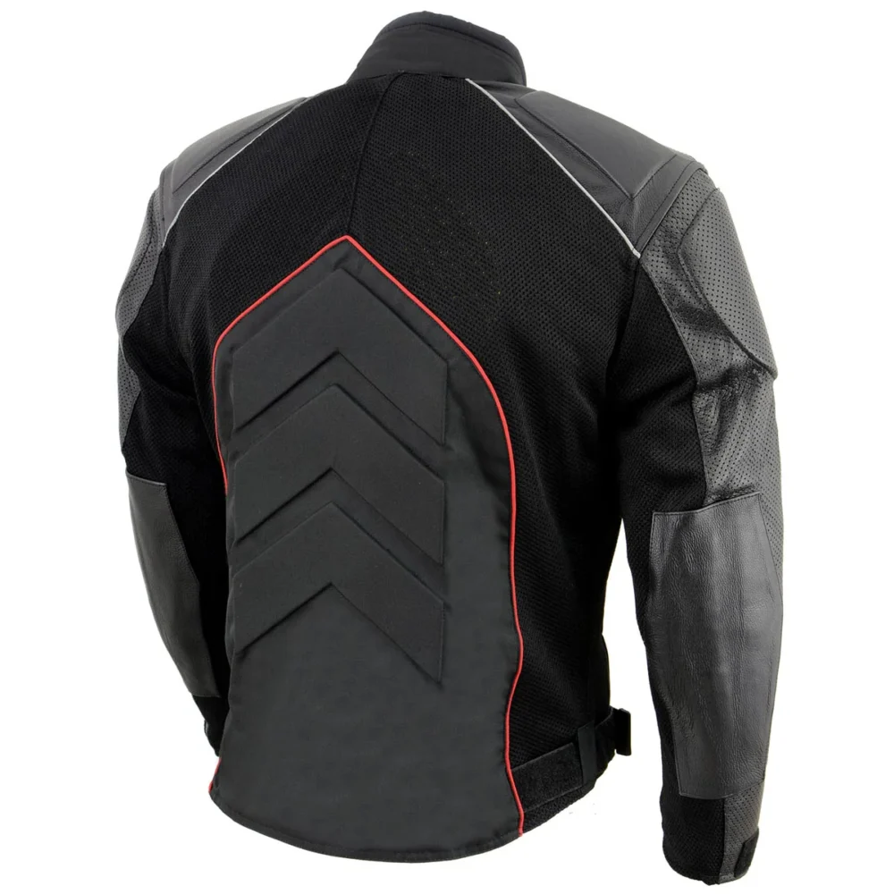 Men’s Combo Black and Red Moto Jacket Featuring Leather, Textile, and Mesh Construction with Armor