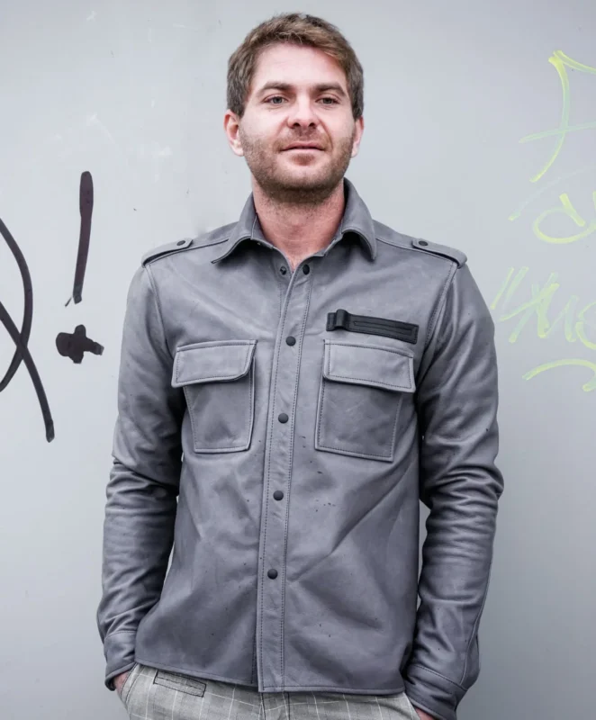 Men's gray leather shirt jacket with YKK zippers and functional pockets.